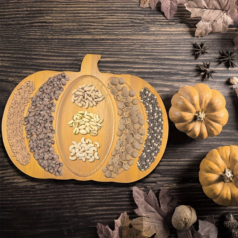 Rustic Wooden Pumpkin-Shaped Serving Tray - Ideal for Displaying Snacks, Fresh Fruits, and Cheese - Perfect for Thanksgiving, Halloween, and Fall Decorations with Its Distressed Finish and Natural Wood Grain