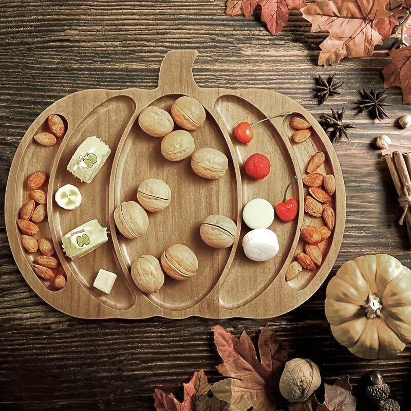 Rustic Wooden Pumpkin-Shaped Serving Tray - Ideal for Displaying Snacks, Fresh Fruits, and Cheese - Perfect for Thanksgiving, Halloween, and Fall Decorations with Its Distressed Finish and Natural Wood Grain