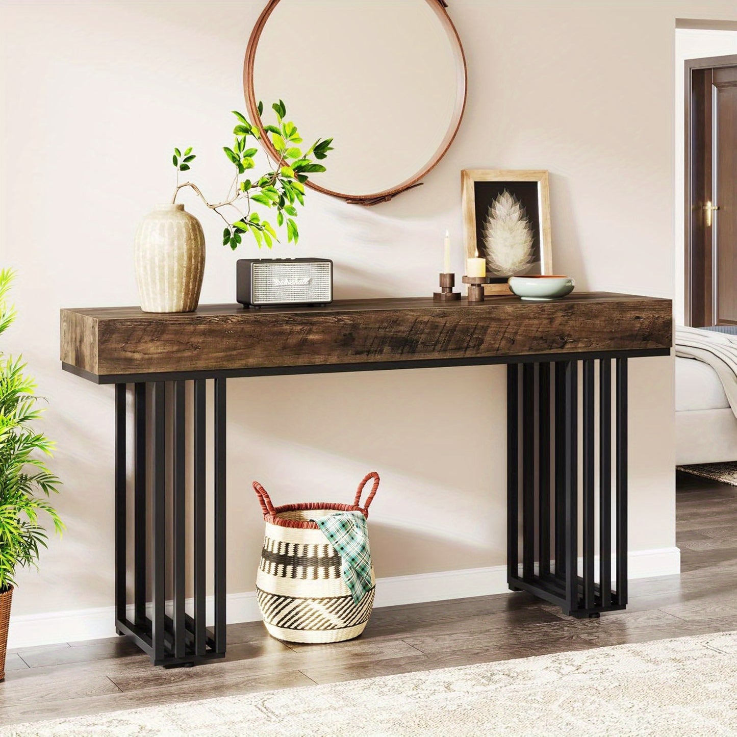 55-Inch Console Table for Entryway, Industrial Hallway Table with Stylish Metal Frame, Sofa Foyer Table for Living Room, Entrance, Brown & Black.