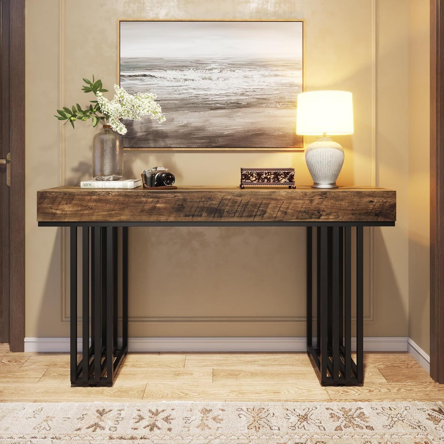 55-Inch Console Table for Entryway, Industrial Hallway Table with Stylish Metal Frame, Sofa Foyer Table for Living Room, Entrance, Brown & Black.