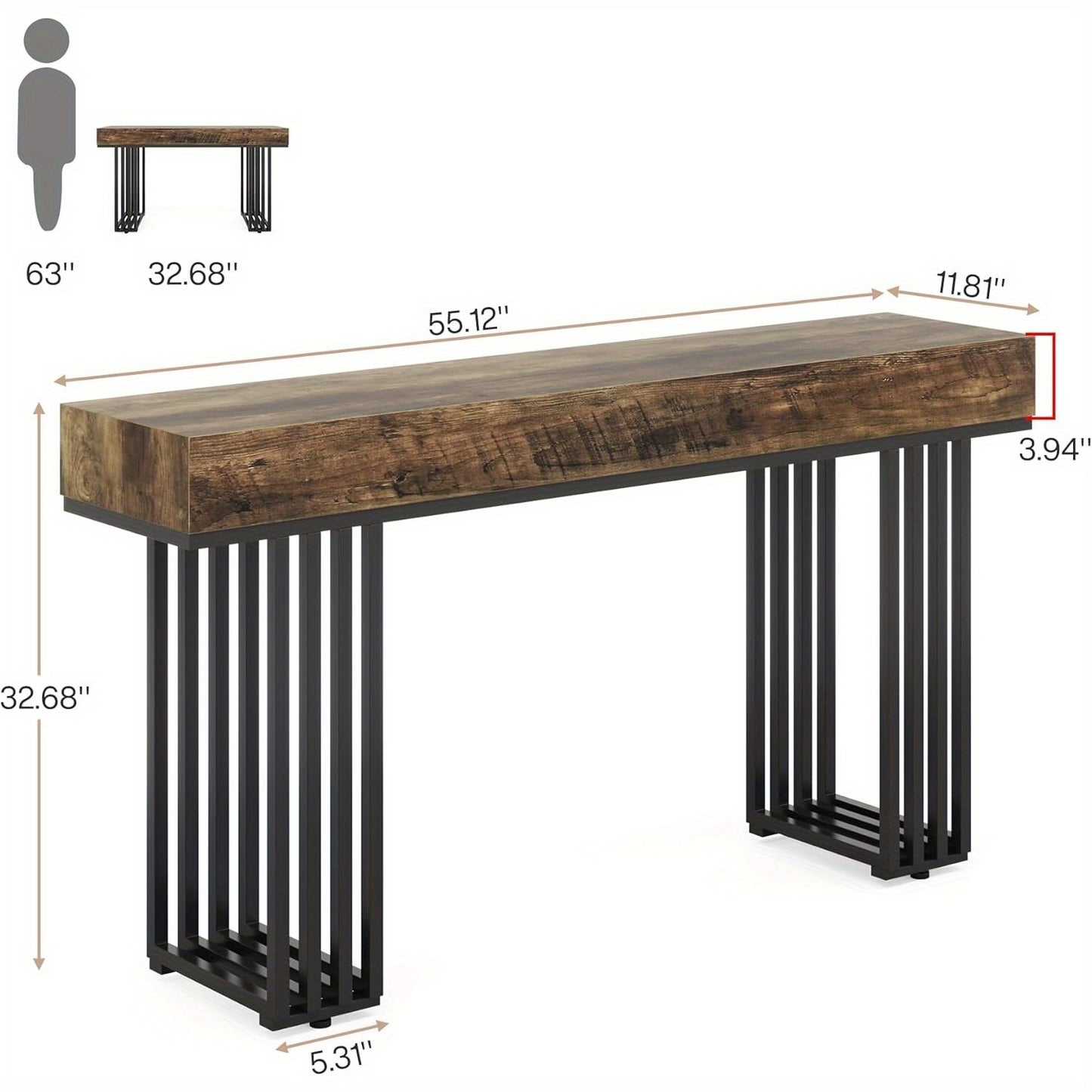 55-Inch Console Table for Entryway, Industrial Hallway Table with Stylish Metal Frame, Sofa Foyer Table for Living Room, Entrance, Brown & Black.