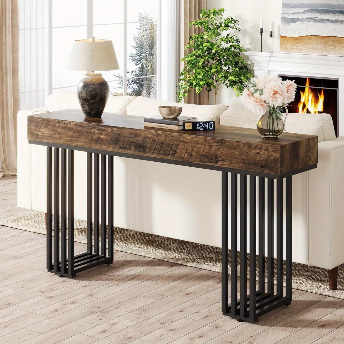 55-Inch Console Table for Entryway, Industrial Hallway Table with Stylish Metal Frame, Sofa Foyer Table for Living Room, Entrance, Brown & Black.