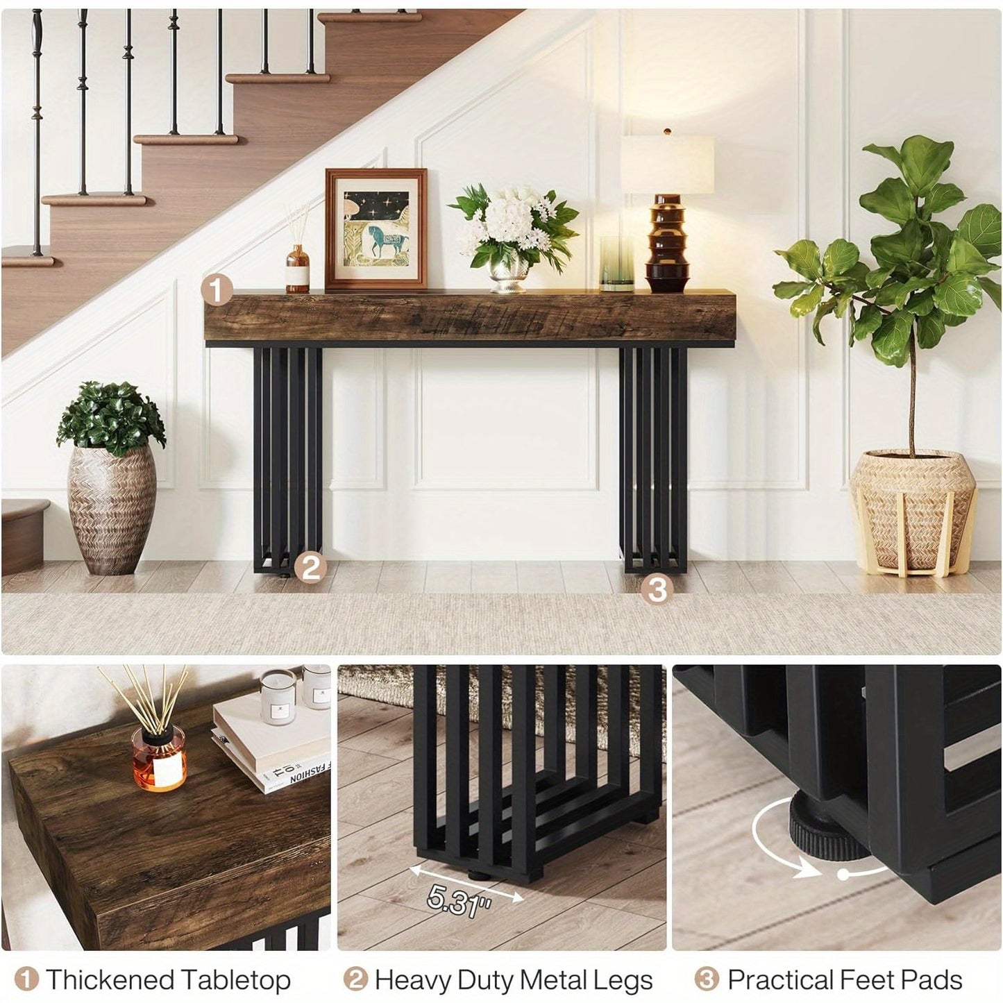 55-Inch Console Table for Entryway, Industrial Hallway Table with Stylish Metal Frame, Sofa Foyer Table for Living Room, Entrance, Brown & Black.