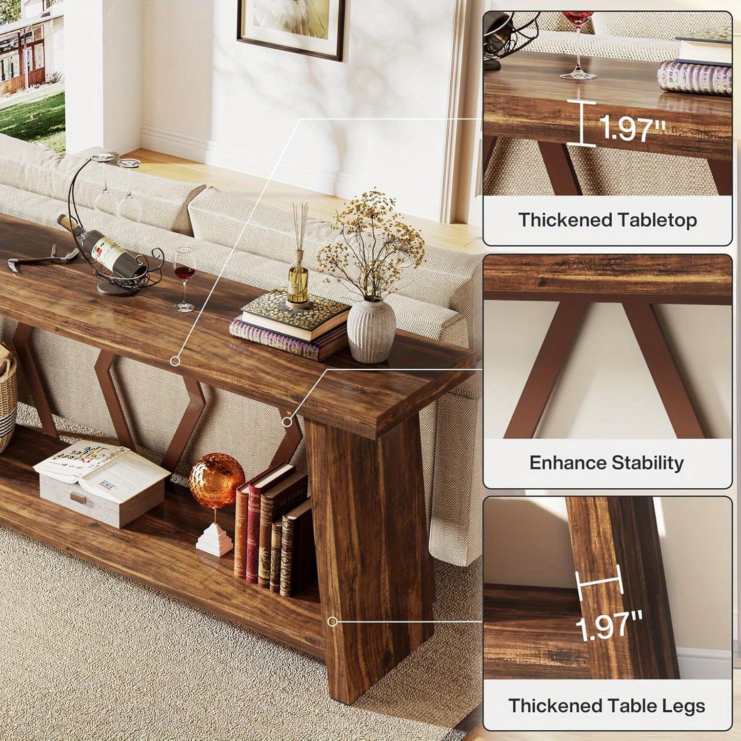 70.86-Inch Long Sofa Table for Living Room, 2-Tier Narrow Console Table with Storage, Wood Foyer Entryway Couch Table for Hallway, Entrance (Brown)