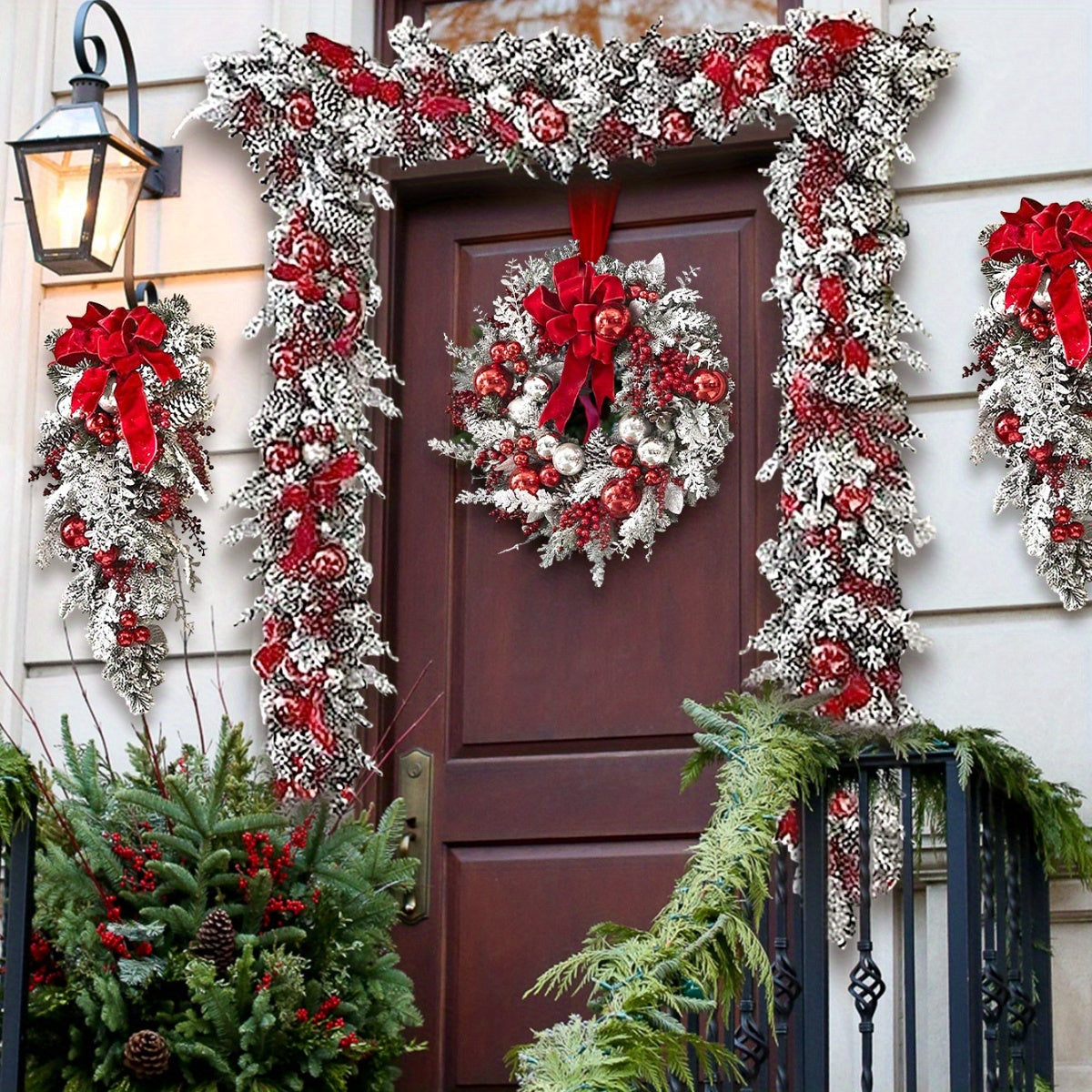 6Pcs/ Set Extra Large Flocked Christmas Garland Swag Wreath, Stair Railing Hanging Decorations with Bows Rattan Upside Down Tree Ornaments for Home, Christmas Decor wreaths Christmas snowflakes