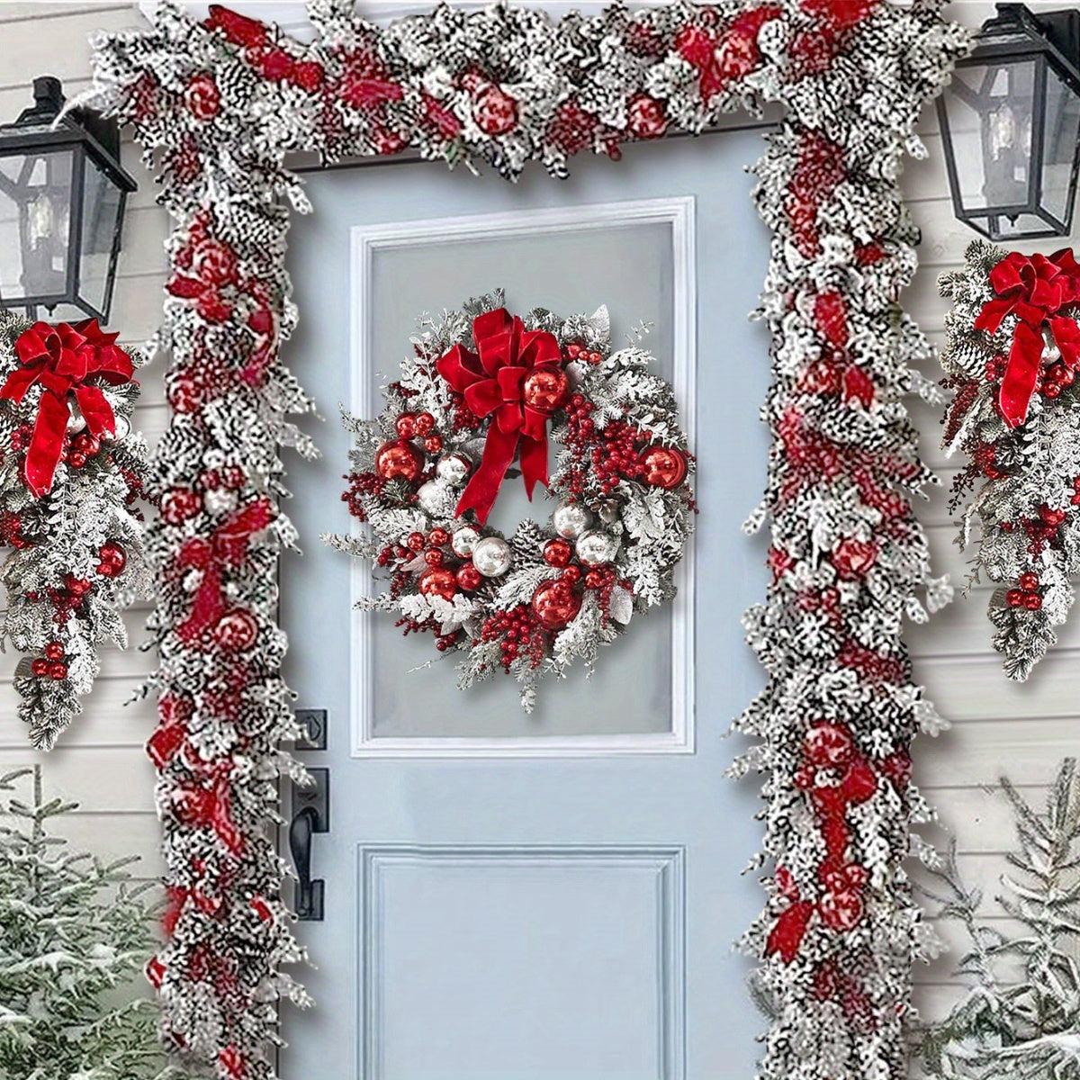 6Pcs/ Set Extra Large Flocked Christmas Garland Swag Wreath, Stair Railing Hanging Decorations with Bows Rattan Upside Down Tree Ornaments for Home, Christmas Decor wreaths Christmas snowflakes