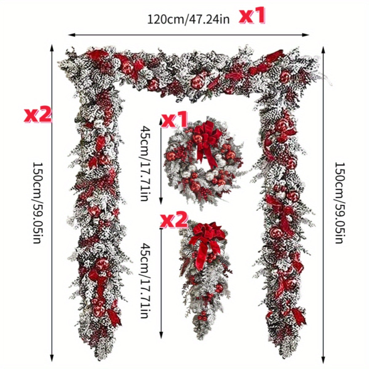 6Pcs/ Set Extra Large Flocked Christmas Garland Swag Wreath, Stair Railing Hanging Decorations with Bows Rattan Upside Down Tree Ornaments for Home, Christmas Decor wreaths Christmas snowflakes