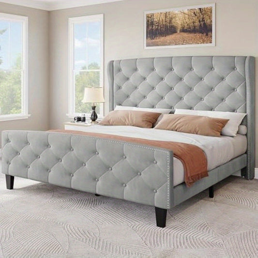 King Size Upholstered Bed Frame, Velvet Platform Bed with Deep Button Tufted Headboard & Nailhead Trim Wingback Footboard, No Box Spring Needed, Easy Assembly - Grey