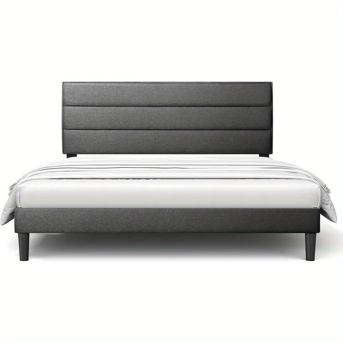 Queen Size Grey Color Modern Low Profile Upholstered Bed Frame with Tufted Headboard