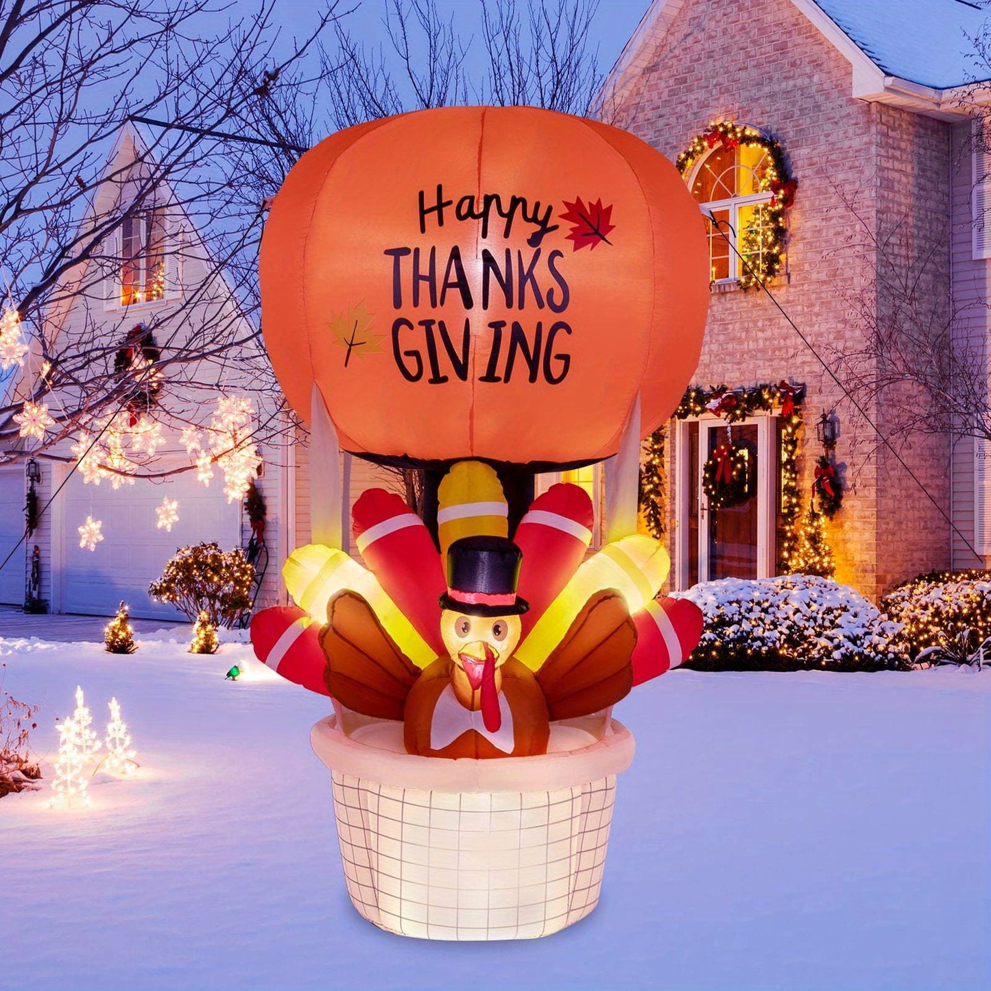 Thanksgiving Day 5 ft Illuminated Hot Air Balloon with 5W 5 LED Lights and Garden Turkey Decoration