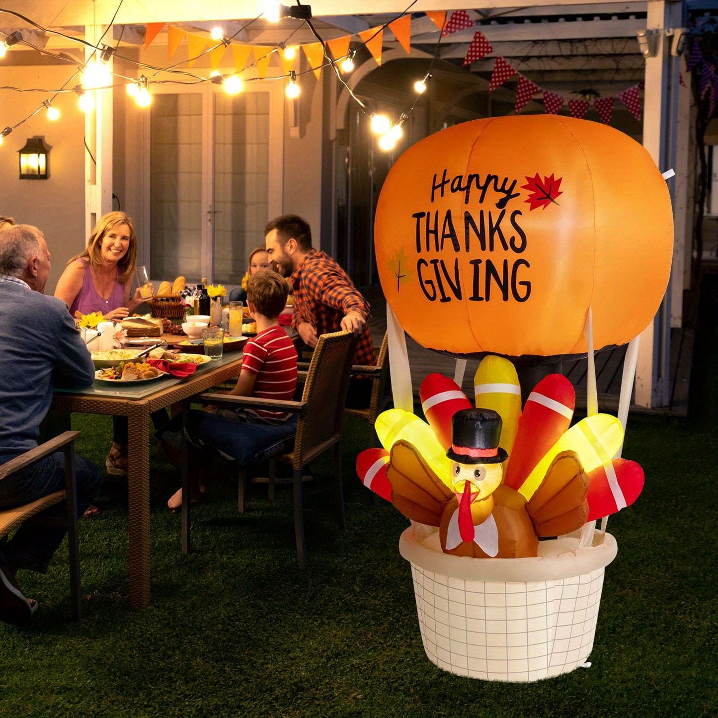 Thanksgiving Day 5 ft Illuminated Hot Air Balloon with 5W 5 LED Lights and Garden Turkey Decoration