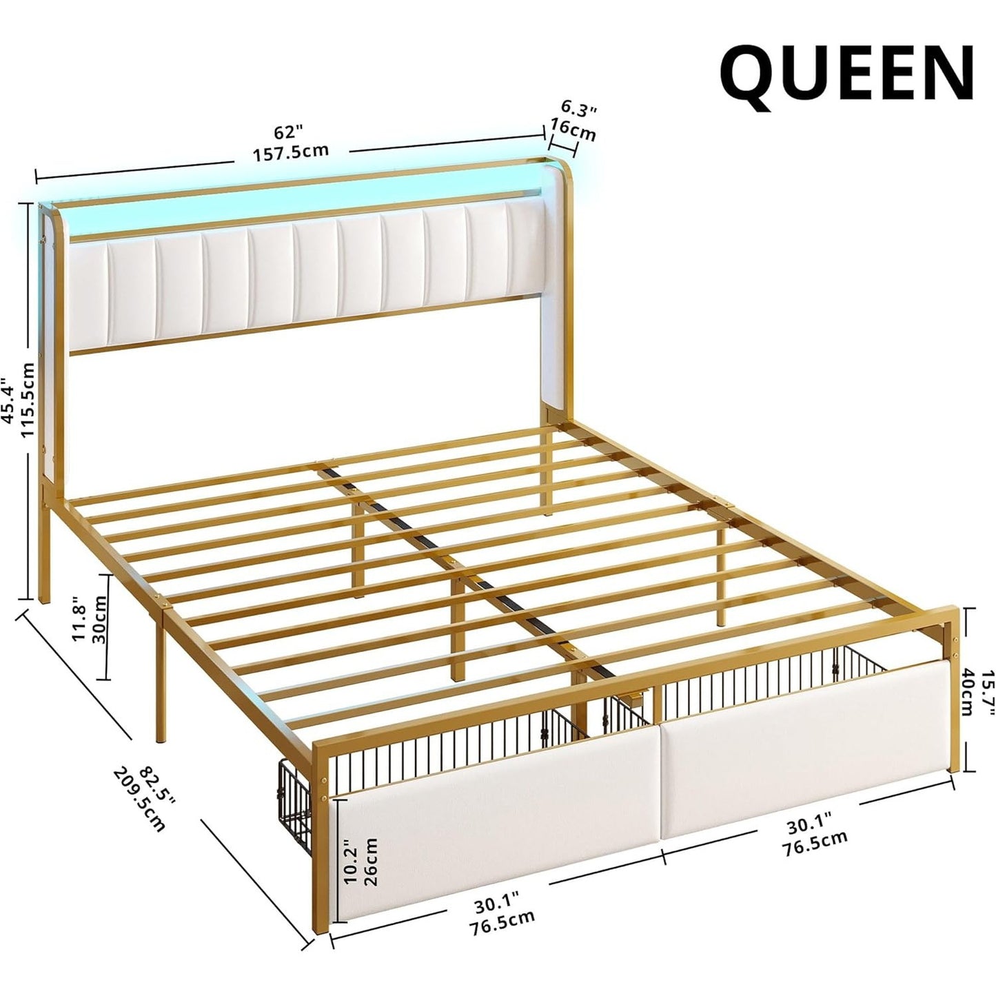 Queen Bed Frame with Armrests Headboard & RGB Light, Upholstered Queen Size Bed Platform with Drawers, No Box Spring Needed, Study & No Noise, Modern Gold and White