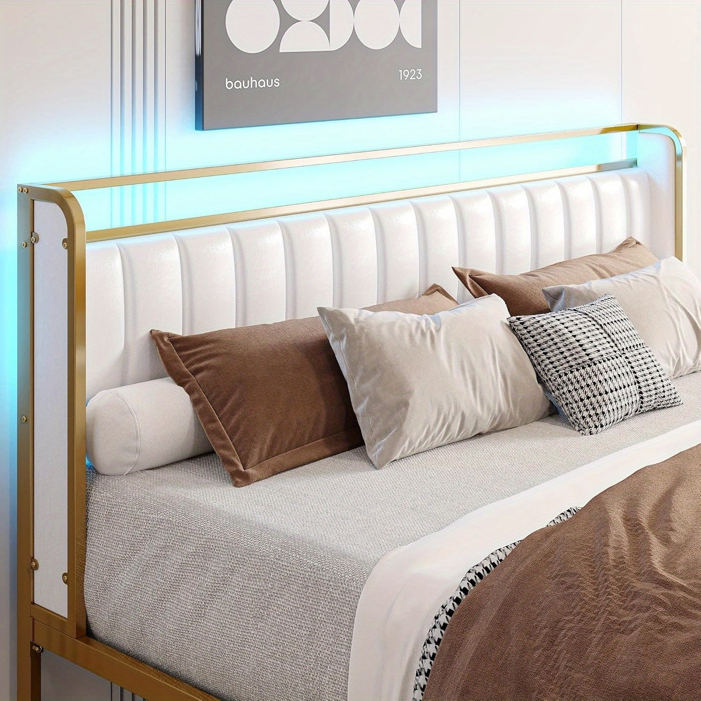 Queen Bed Frame with Armrests Headboard & RGB Light, Upholstered Queen Size Bed Platform with Drawers, No Box Spring Needed, Study & No Noise, Modern Gold and White