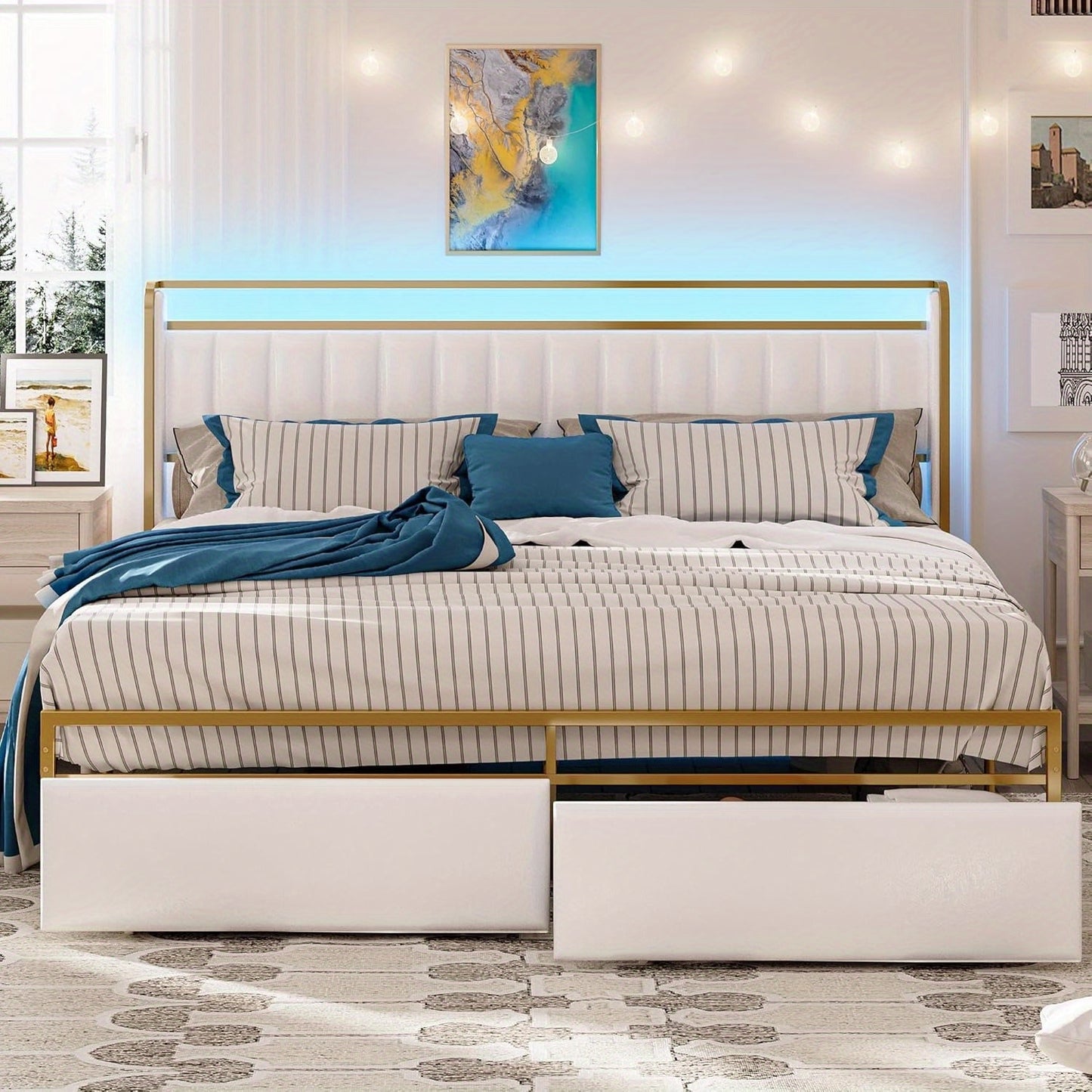 Queen Bed Frame with Armrests Headboard & RGB Light, Upholstered Queen Size Bed Platform with Drawers, No Box Spring Needed, Study & No Noise, Modern Gold and White