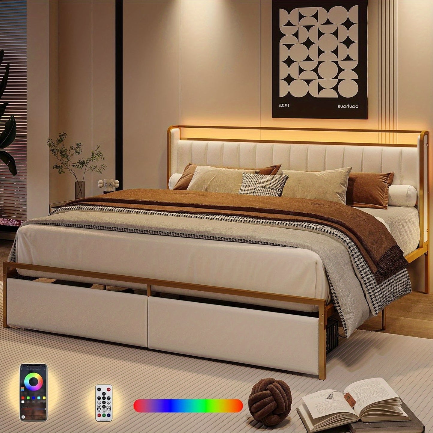 Queen Bed Frame with Armrests Headboard & RGB Light, Upholstered Queen Size Bed Platform with Drawers, No Box Spring Needed, Study & No Noise, Modern Gold and White