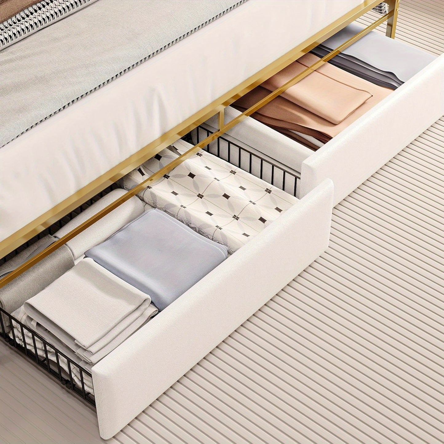 Queen Bed Frame with Armrests Headboard & RGB Light, Upholstered Queen Size Bed Platform with Drawers, No Box Spring Needed, Study & No Noise, Modern Gold and White