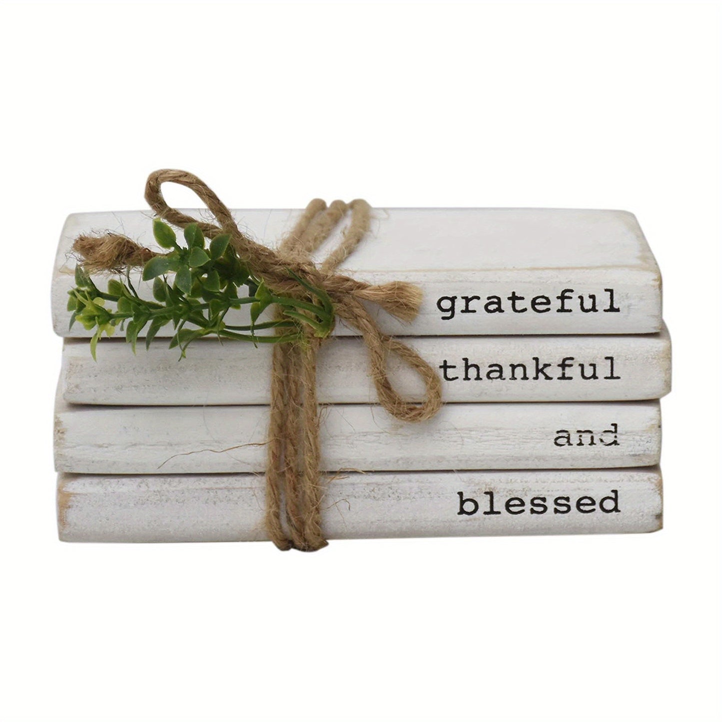 5.9" W x 3.8" H x 2.6" D Wooden Decorative Books - Whitewashed Wood Stacked Books Tied with Twine and Greenery, Modern Farmhouse Decor for Shelf or Mantel, Grateful Thankful and Blessed