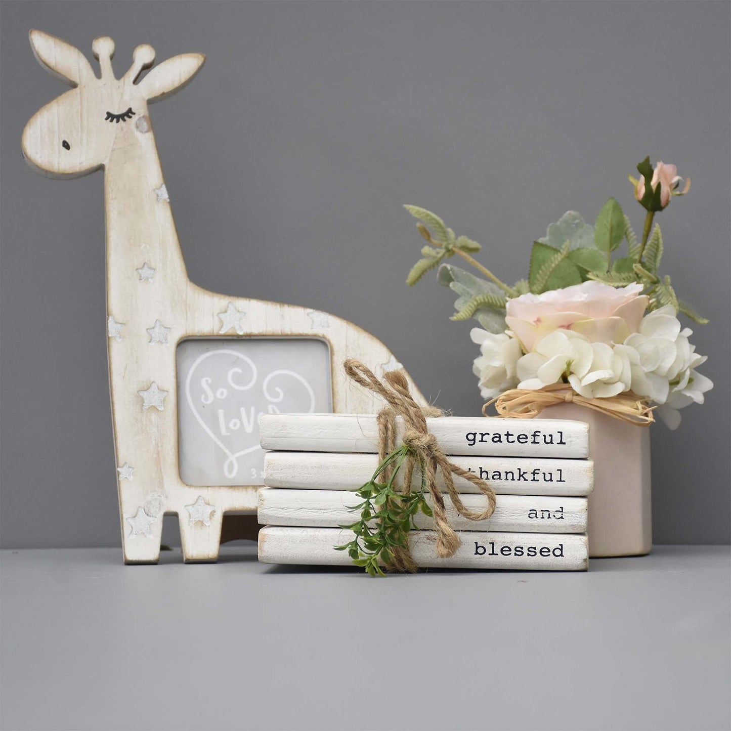 5.9" W x 3.8" H x 2.6" D Wooden Decorative Books - Whitewashed Wood Stacked Books Tied with Twine and Greenery, Modern Farmhouse Decor for Shelf or Mantel, Grateful Thankful and Blessed