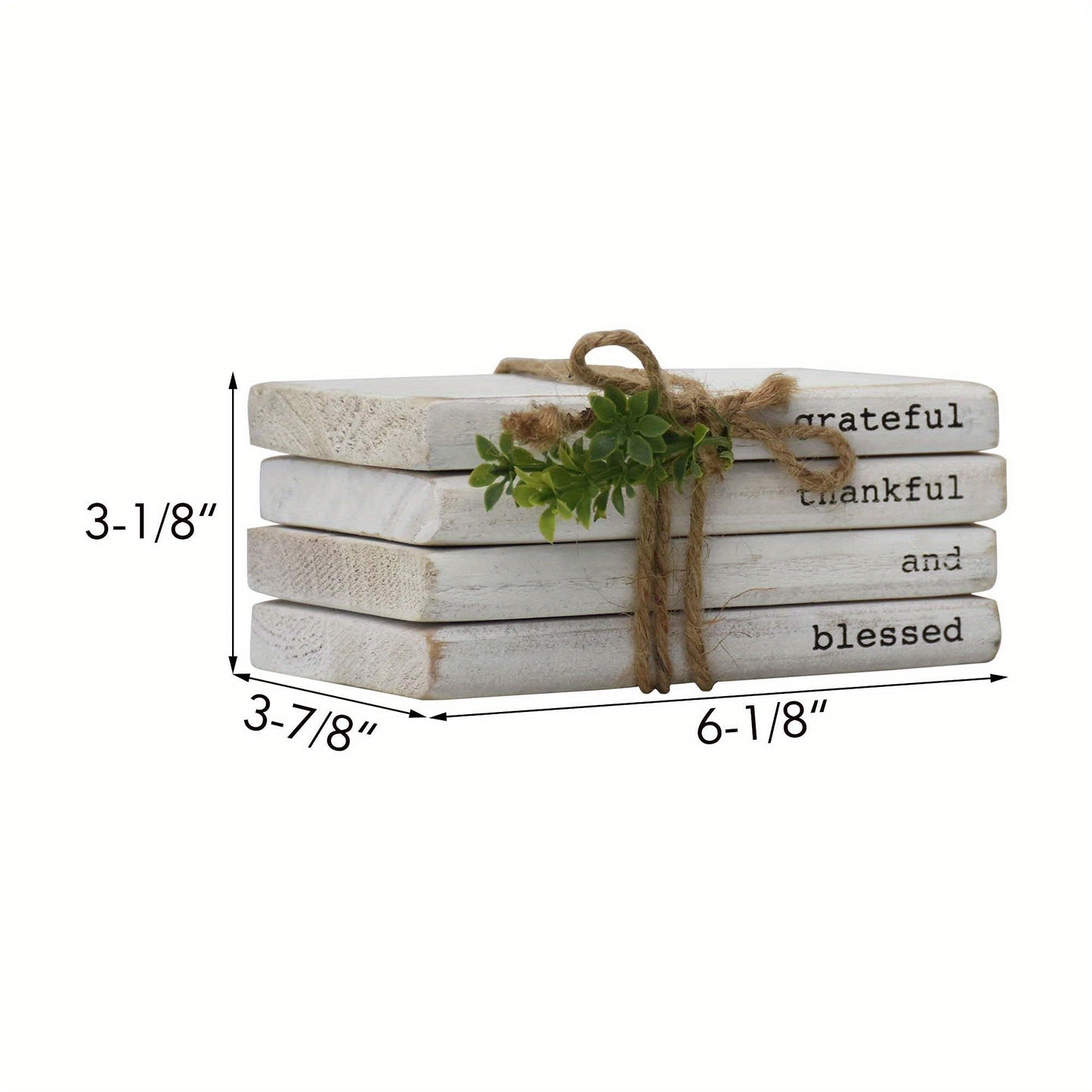 5.9" W x 3.8" H x 2.6" D Wooden Decorative Books - Whitewashed Wood Stacked Books Tied with Twine and Greenery, Modern Farmhouse Decor for Shelf or Mantel, Grateful Thankful and Blessed