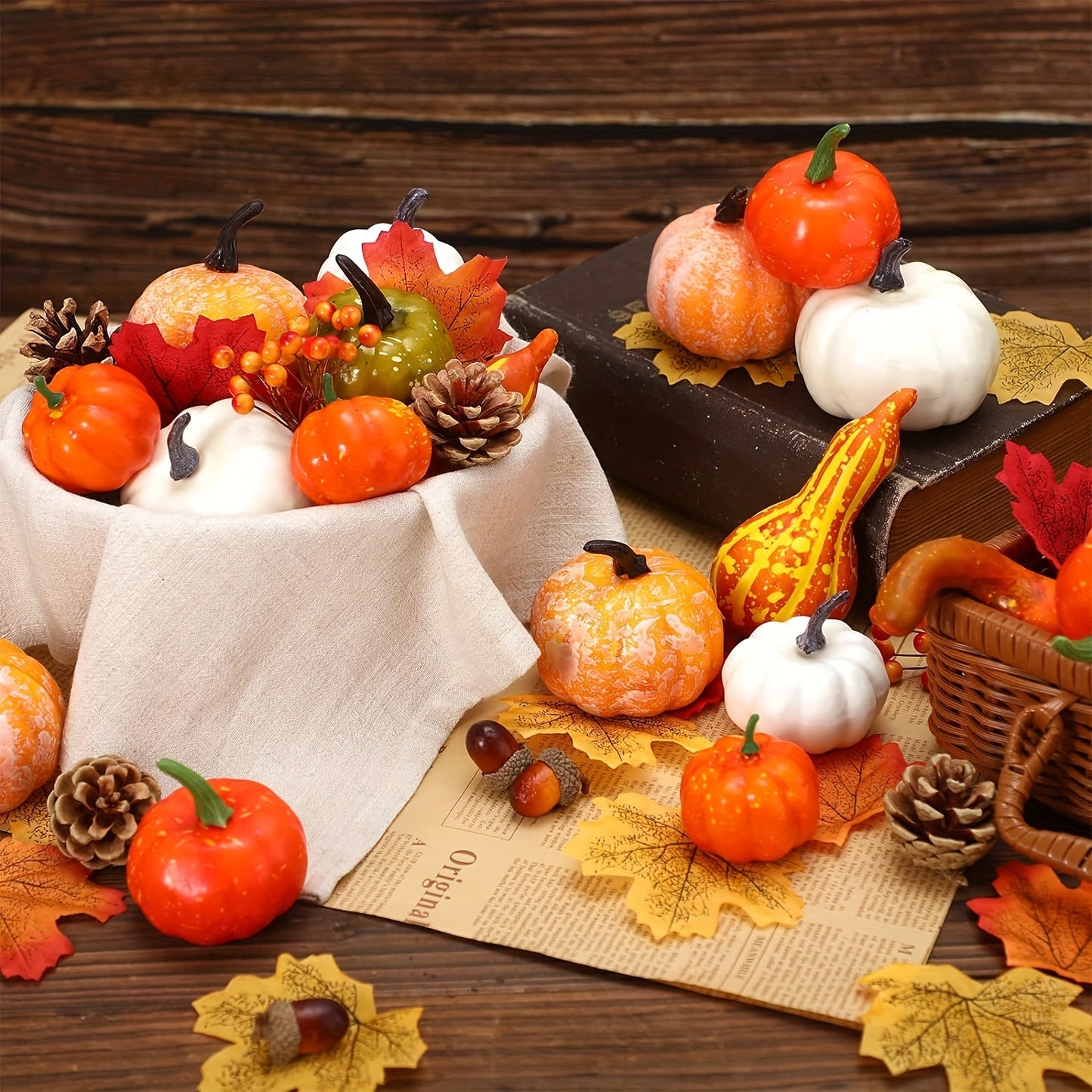 48 PCS Fall Thanksgiving Artificial Pumpkins and Gourds Set - Fake Pumpkins, Acorns, Maple Leaves, Pinecones, Berries - Thanksgiving Decorations, Harvest Centerpiece for Home, Halloween Wedding Decor