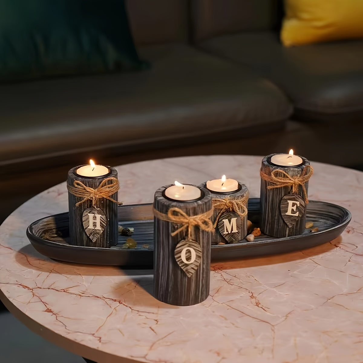 4-Piece Rustic Wood Candlestick Holders Set with HOME Letters, Family-Themed Tabletop Decor, Polished Finish, Decorative Candle Tray for Dinner Parties and Home Ambiance - Candles Not Included