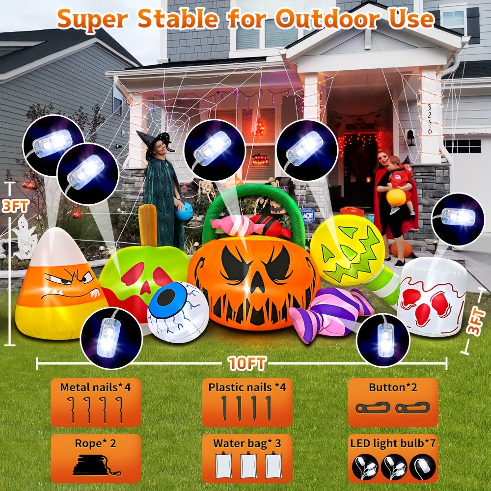 1pc 10 FT LED Light Halloween Inflatables Pumpkin Decoration with Candy Eyeball Combo for Outdoor Decorations Blow Up Inflatables Halloween Decor Holiday Party Lawn Yard Garden