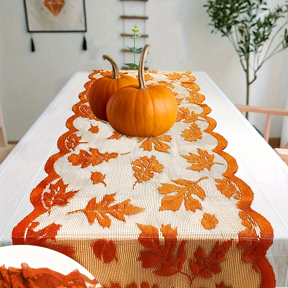 Autumn Elegance Maple Leaf Lace Table Runner - Perfect for Thanksgiving, Christmas & Fall Dinner Parties - Orange, Machine-Woven Home Decor Fall Decorations For Home Fall Home Decor