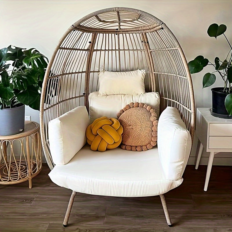 Phabules Wicker Egg Chair Outdoor Indoor Oversized Lounger with Stand and Beige Cushions Egg Basket Chair for Patio Backyard Porch