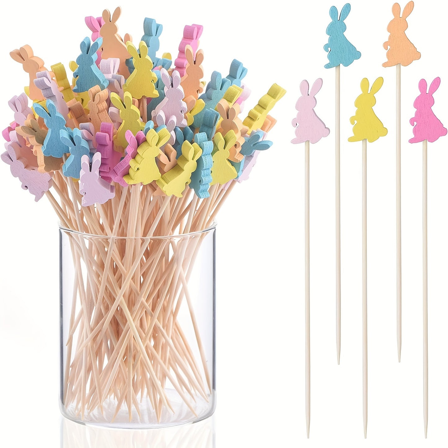 100pcs/pack Whimsical Easter Egg Rabbit Carrot Bamboo Sticks - Disposable Decoration Cocktail Sushi Sticks for Wedding Party Cake Dessert - Cute Fancy Wooden Theme Party Supplies