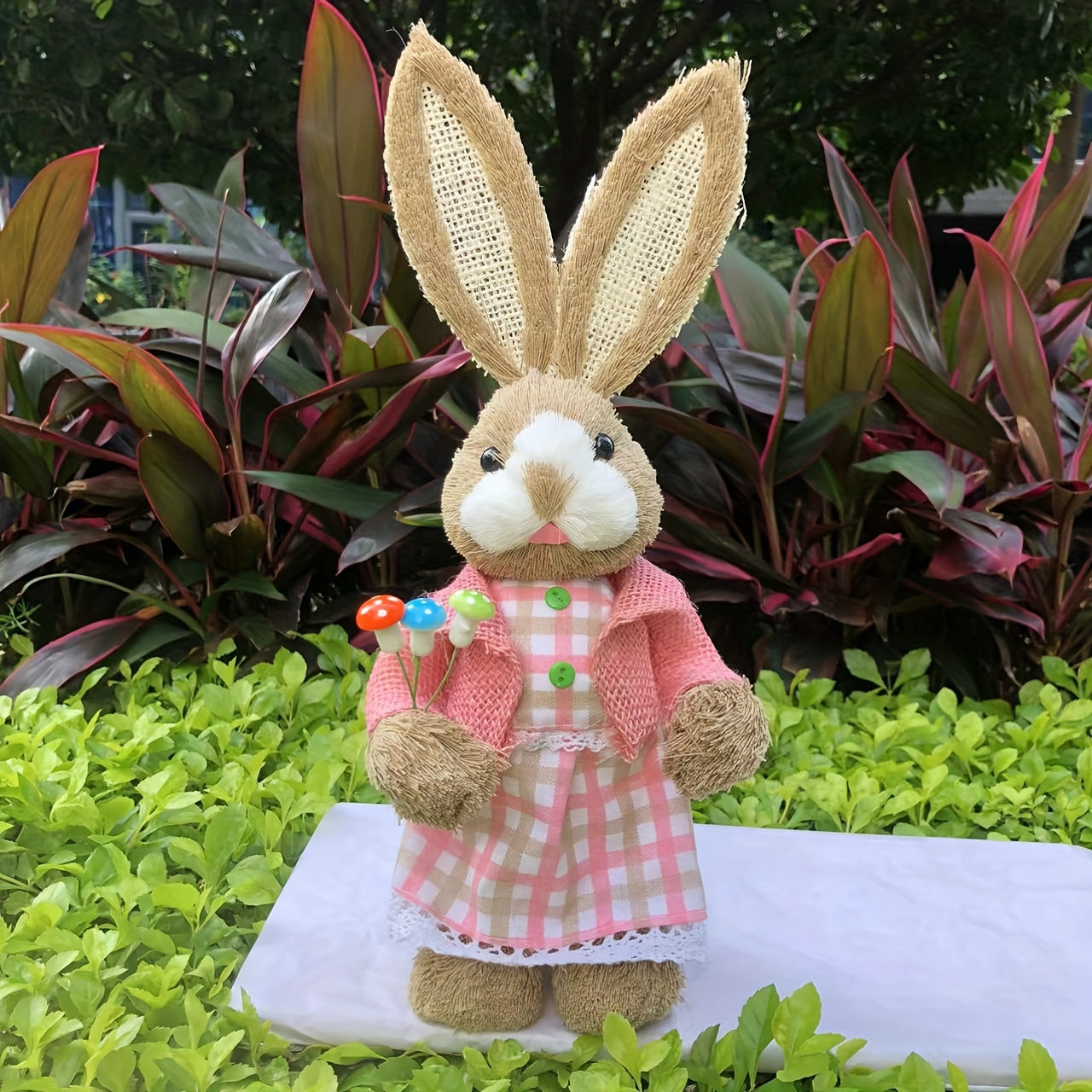 Handcrafted Fabric and Faux Leather Bunny Dolls, 13.78inch Rustic Countryside Rabbit Figures, Set of Collectible Comic Themed Bunnies for Home Decor, Charming Garden Party Ornaments, Ideal for Easter, St. Patrick's Day, Day o