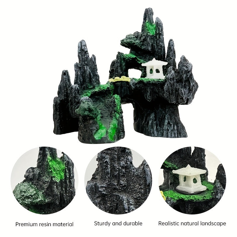 1pc Majestic Aquarium Mountain Rockery - Lush Moss Tree & Cave - Durable Stone Fish Tank Ornament - Create a Tranquil Underwater Landscape Decor