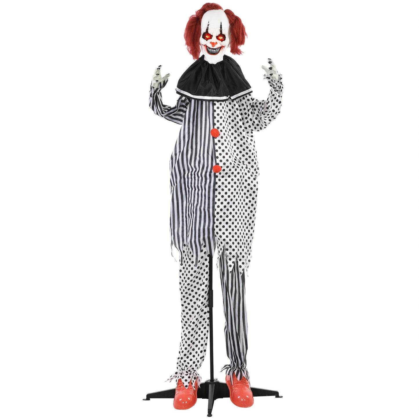 6' Life-Size Animatronic Circus Clown Decoration - Outdoor Halloween Prop with Sound, Motion, Light-Up Eyes, Talking, and Laughter - Spooky Adult Novelty