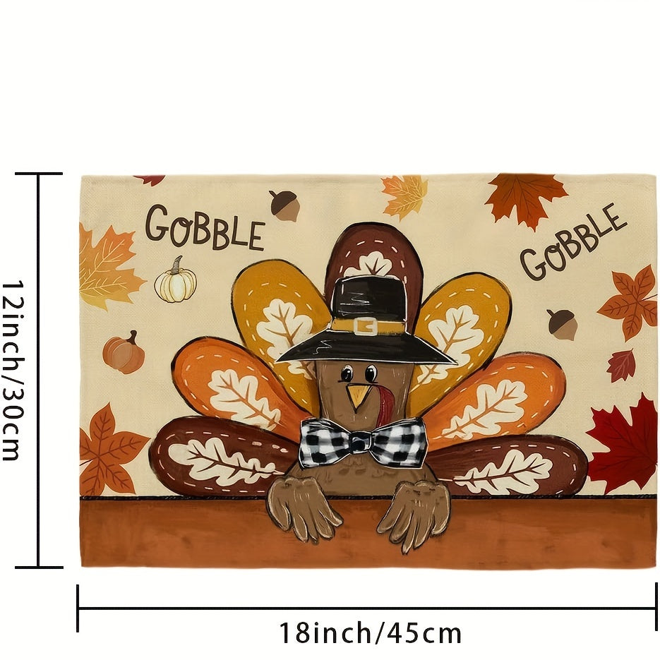 Set of 4 Thanksgiving Placemats - 12x18 Inch Linen Table Mats with Gobble Turkey Design, Machine Washable, Woven Burlap for Autumn Home Decor, Farmhouse Style, Seasonal Fall Harvest Table Decorations