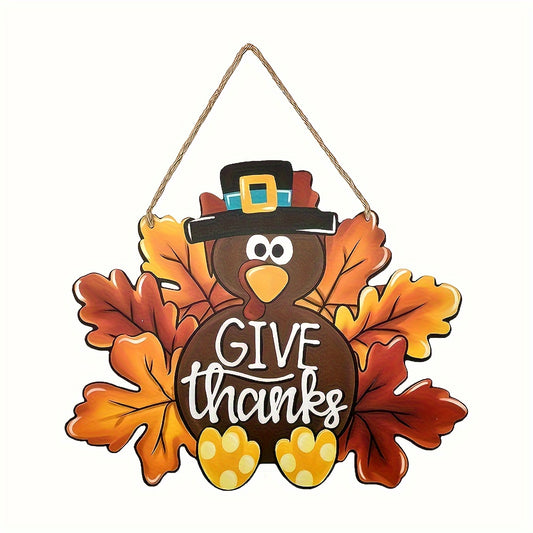 Thanksgiving Turkey Wooden Door Hanger - Autumn Thankful Wreath for Outdoor Porch Decor, No Power Needed