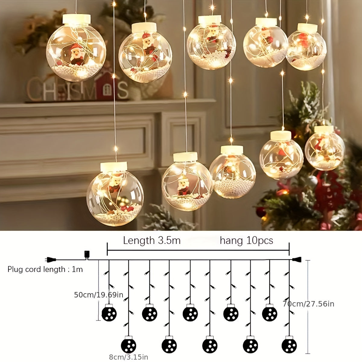 Christmas Wishing Ball String Lights - LED Glowing Decorations with Remote Control, Santa Claus Snow Doll, Perfect for Home, Bedroom, Window, Balcony, Garden, Terrace, Door, Wall, Patio, Porch, Party and Christmas New Year At