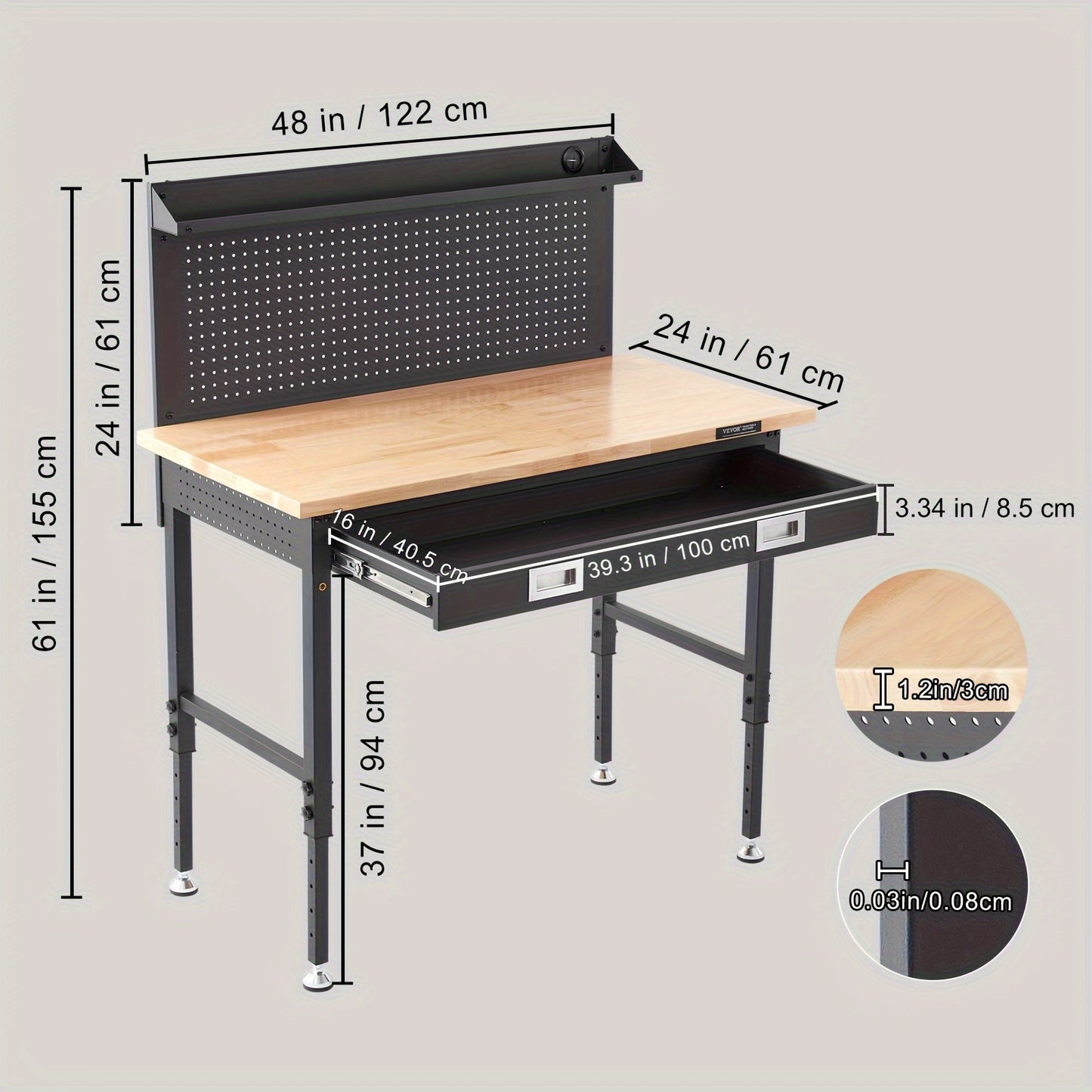 VEVOR Adjustable Height 28-39.5" Work Bench For Garage Oak Plank & Carbon Steel Heavy Duty Workbench 2000lbs Weight Capacity Bench Top Size 48x24 Hardwood Workbench 3m Cable 30 Hooks