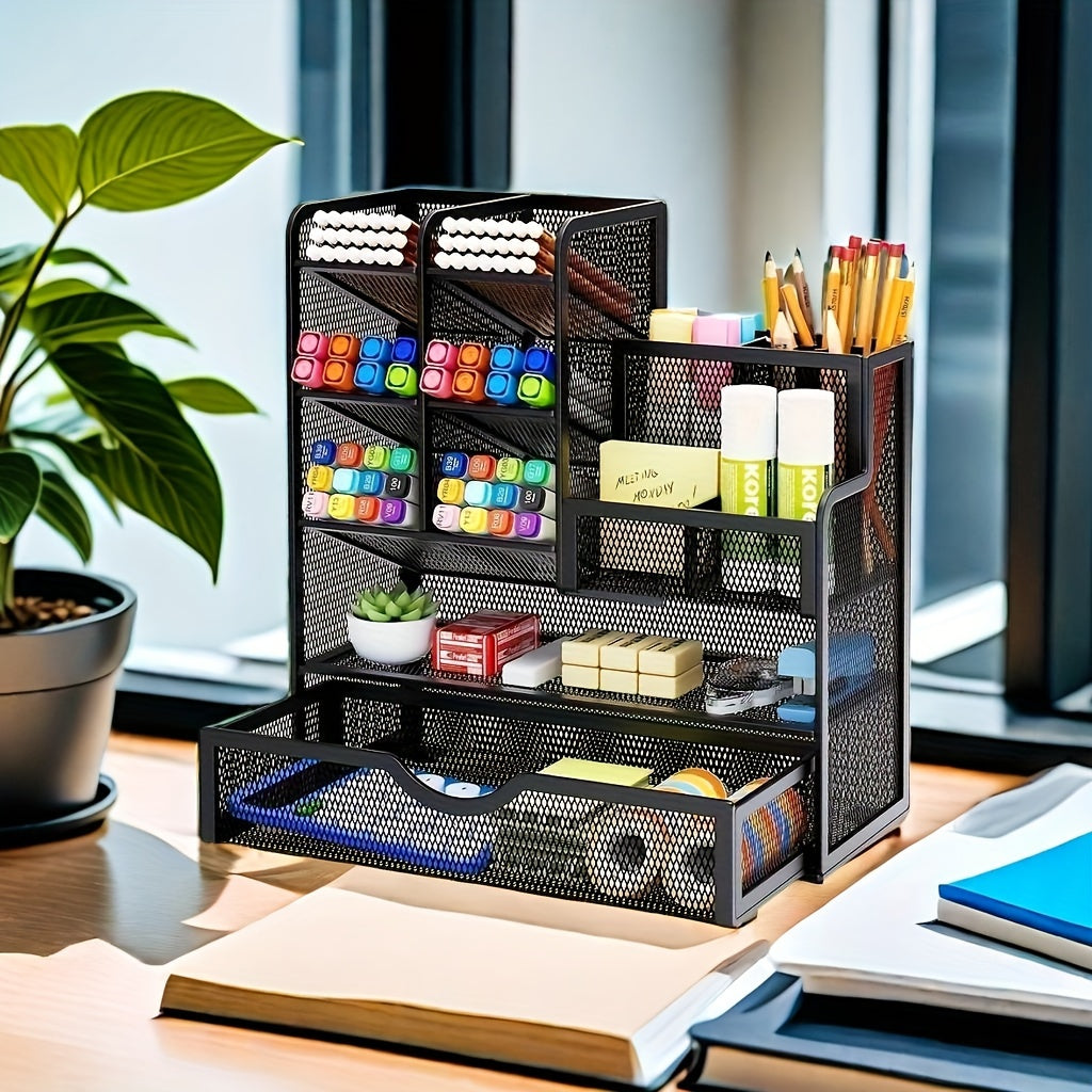 Multi-Purpose Mesh Desk Organizer with Drawer - Durable Iron Pencil Holder for Office and School Supplies Storage