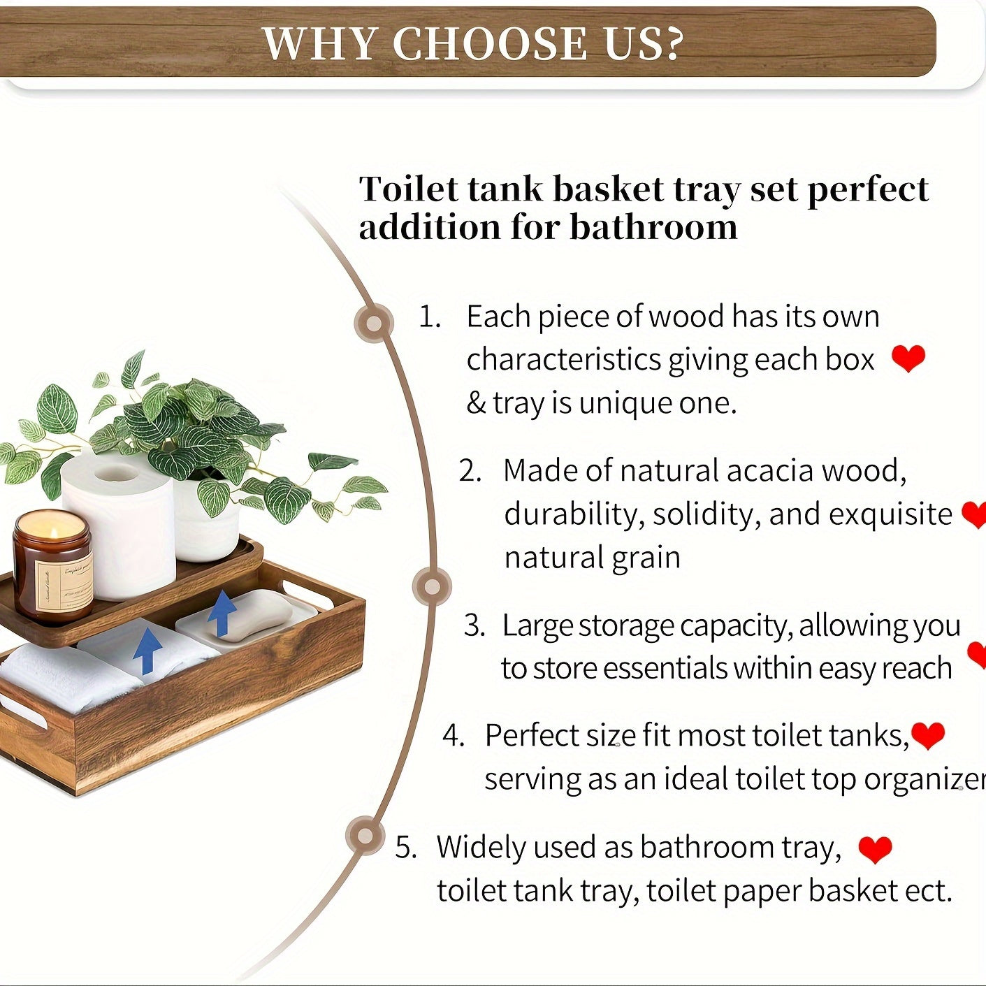 1set Rustic Acacia Wood Bathroom Organizer - Hanobe Set Of 2, Wooden Toilet Paper Basket & Vanity Tray, Festive Back Of Toilet Storage Holder Box For Toiletry With Natural Grain Finish