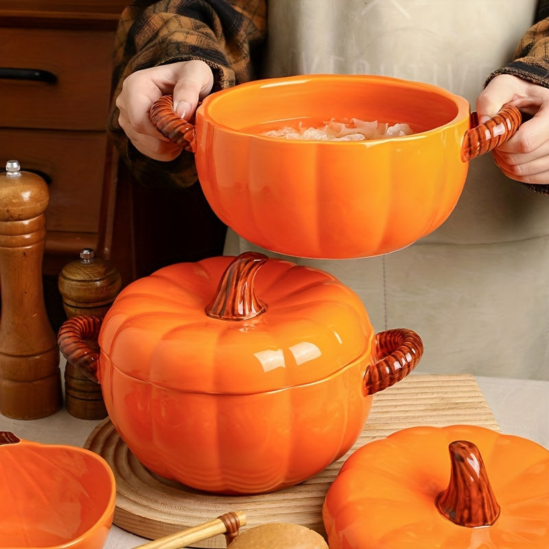 1pc Dutch Oven Pot Set, 54oz Large Ceramic Pumpkin Soup Bowl with Lid and Handles, Novelty Botanical Pattern, Microwave Safe, Heat-Resistant Design, Ideal for Pudding Dessert, Holiday Kitchen Decor, Christmas Party Accessory