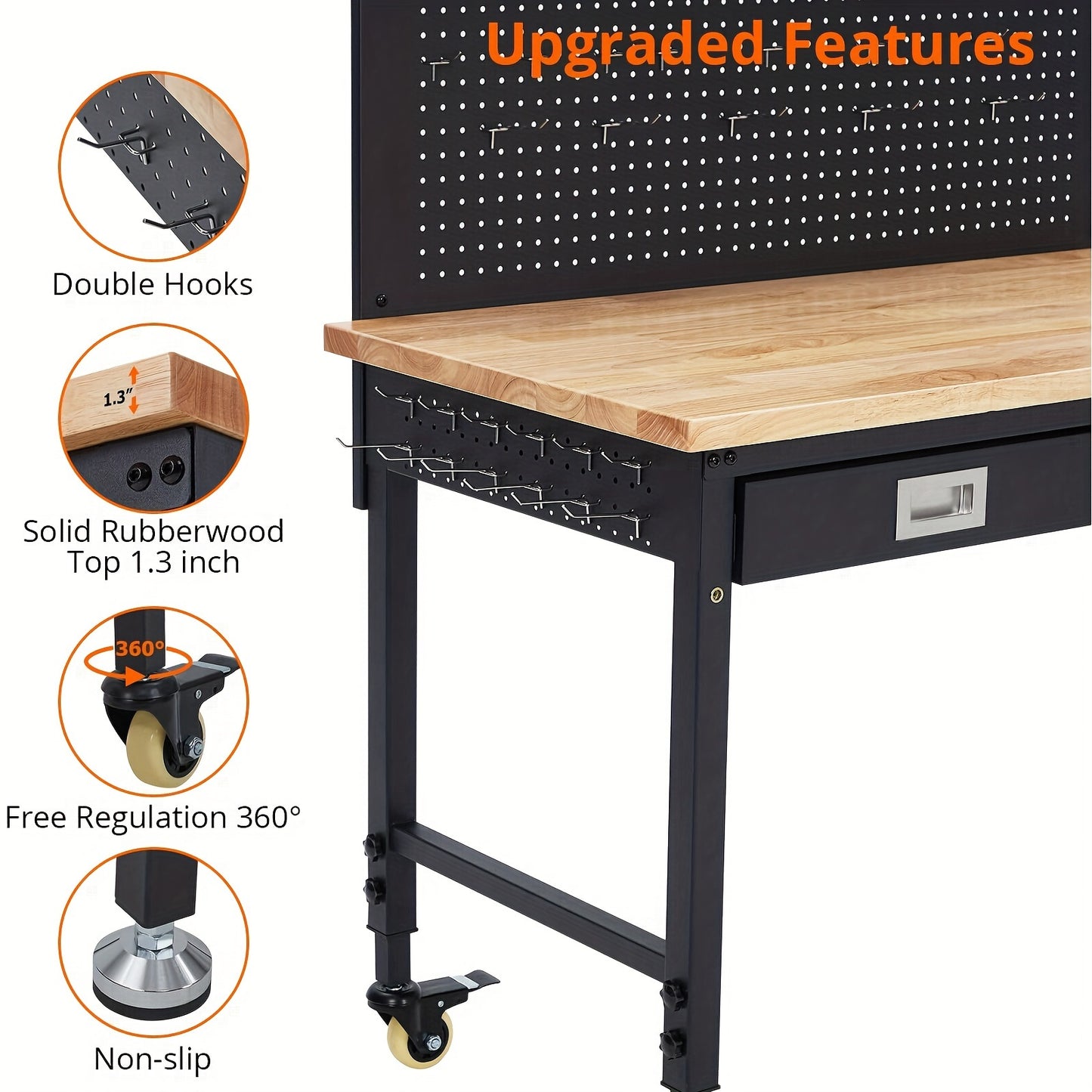 2000 LB Load Capacity 48" Heavy Duty Workbench, Adjustable Height Multipurpose Rubber Wood Shop Table With Drawer Storage, Backplate, Power Outlets, Hooks, Garage Storage