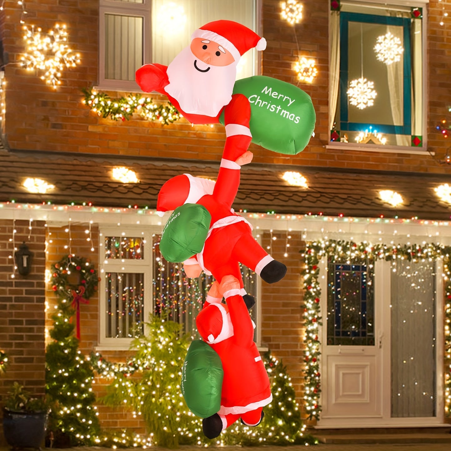 7.8 FT Hanging Christmas Inflatable Outdoor Decorations, Climbing Santa Claus Pulling Elves, Santa Blow Up Christmas Decorations Outdoor With 4 Build-in LEDs For Windows Eaves Roofs Decor