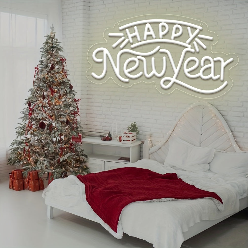 Happy New Year LED Neon Sign - Warm White Wall Decor Light, Perfect for Parties, Bedrooms & More - USB Powered