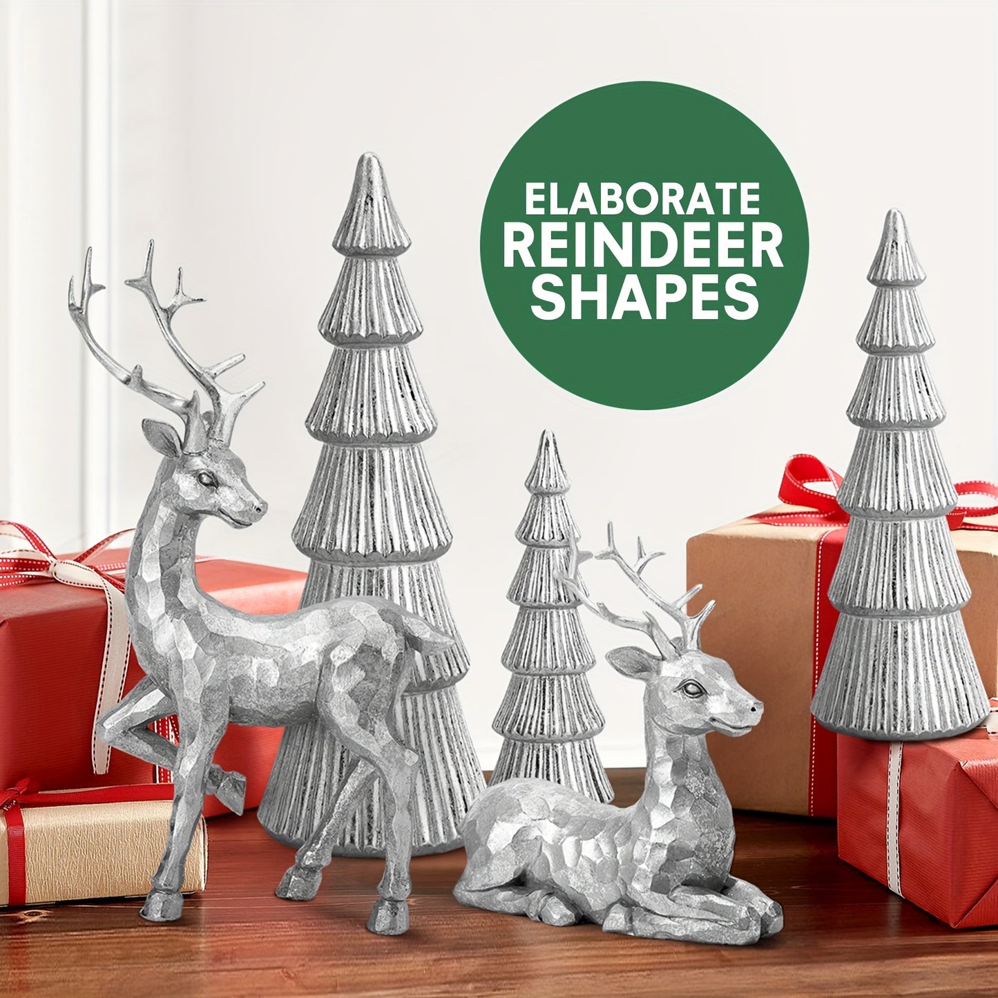 5Pcs/Set Geometric Resin Deer Figurines, Christmas Evergreen Tree Statue & Deer Resin Statue Set Ornaments For Tabletop Home & Office Decor, Ideal For Gift Christmas, Thanksgiving, New Year - Elegant Home Decor Resin Art