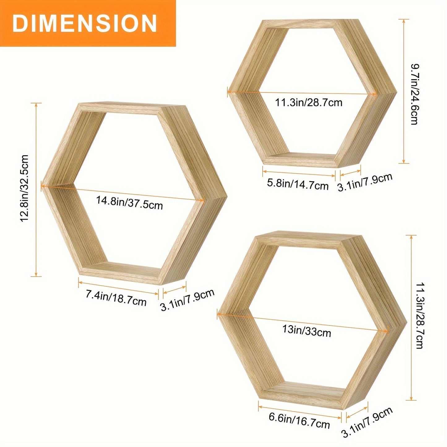 Set Of 6 Hexagonal Shelves For Wall Decor Floating Shelves Wood Wall Shelf Wall Mounted Storage Hanging Honeycomb Shelves Display Float Shelves For Bedroom Living Room Bathroom Office, Light Brown