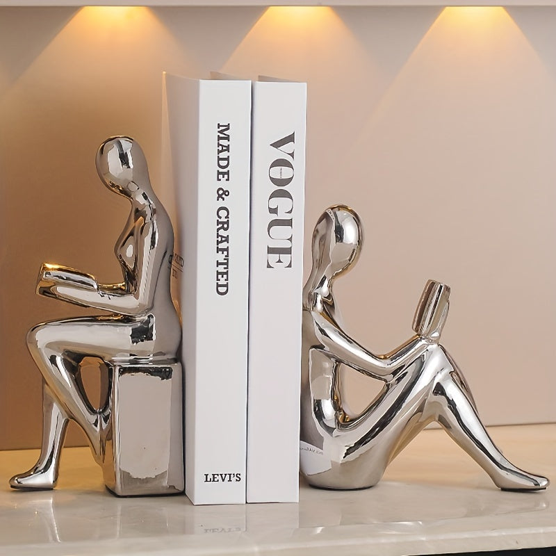 Modern Minimalist Gold-Tone Abstract Figurine Bookends: Perfect for Home Office or Living Room Decor