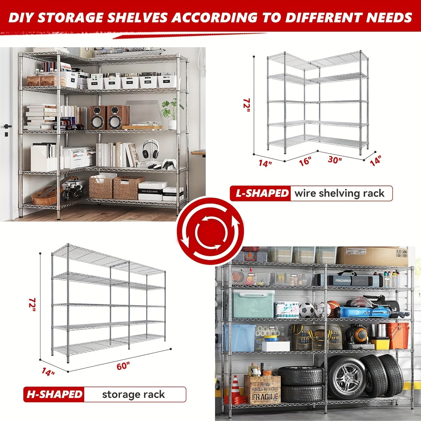 Homdox, 4-tier/5-tier Wire Shelving, Heavy-duty Storage Rack, Adjustable Metal Storage Rack, Corner Wire Rack, Kitchen Shelving, Garage Storage Rack, 14"×60"×60"/ 14"×60"×72"