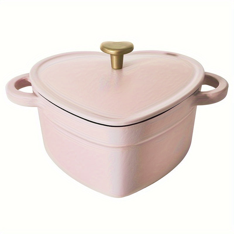 2QT Cast Iron Heart Shaped Dutch Oven, Durable Cast Iron Construction, Enamel Coating Reduces Sticking, Cooks A Variety Of Meals, Perfect For Holidays And Special Occasions, Side Handles And Easy Handling, Pink Champagne, 11.