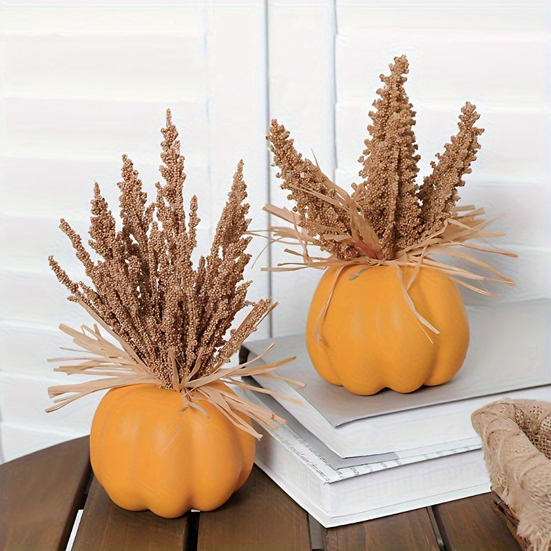 2 Pcs Festive Pumpkin Decorations: Artificial Foam Plastic Pumpkins with Wheat Stems, Perfect for Fall Festivities and Thanksgiving Decor