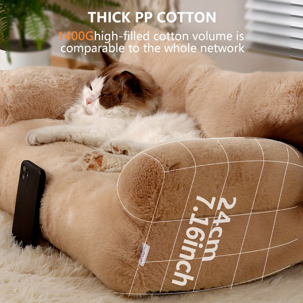 Luxurious Plush Pet Sofa Bed - Ultra Soft, Warm Couch with Washable and Removable Cover, Non-Slip Bottom, Ideal for Medium and Small Dogs and Cats, 100% Polyester Material, Cotton Filling, Detachable Design