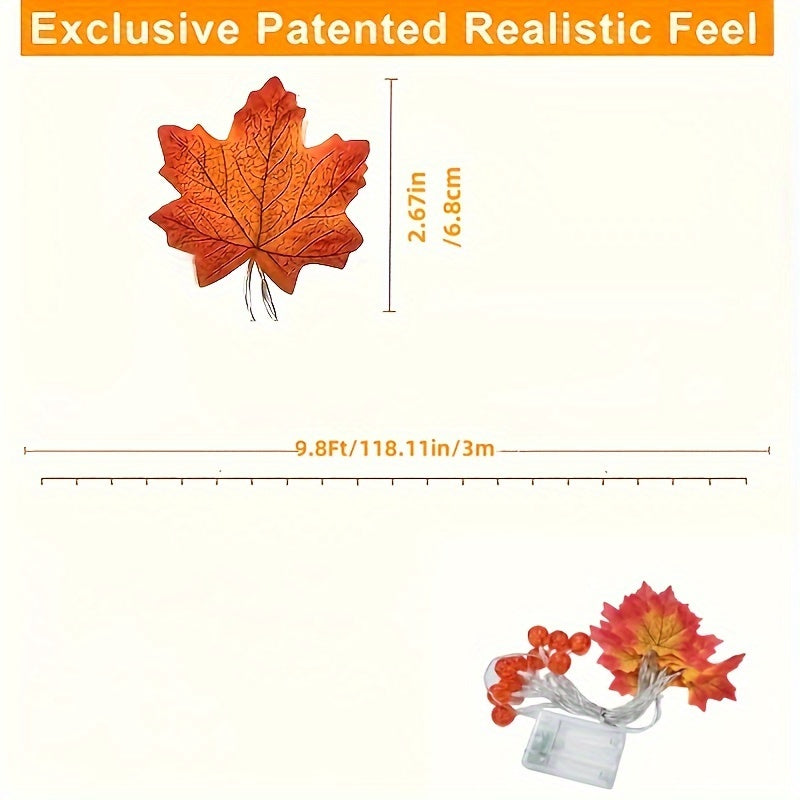 Thanksgiving Halloween Maple Leaf Pumpkin Garland - 19.6ft 40 LED, 9.8ft 20 LED & 6.5ft 10 LED String Lights Set - Battery Operated with Timer, Rustic Plastic, Fantasy Themed Indoor Outdoor Decoration